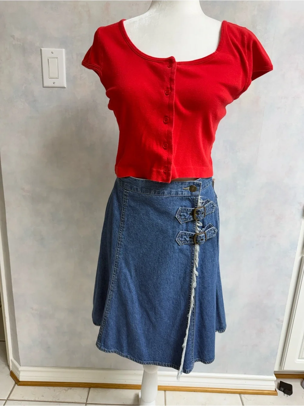 LizWear Wrap Denim Mini Flare Skirt, NWT, Cute Buckle Details